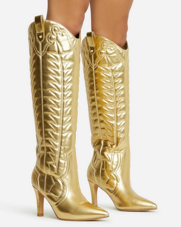 Gold knee high clearance boots