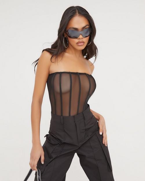 Long Sleeve Square Neck Cut Out Front Detail Mesh Contrast Bodysuit In  Black Slinky