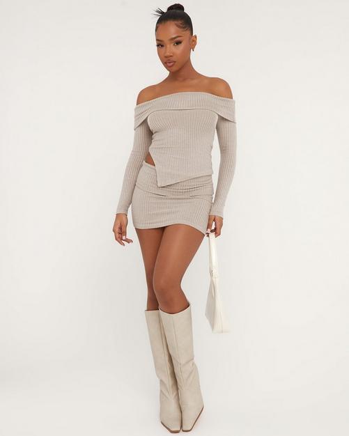 Long Sleeve Tie Waist Detail Zip Up Cropped Cardigan In Stone Knit