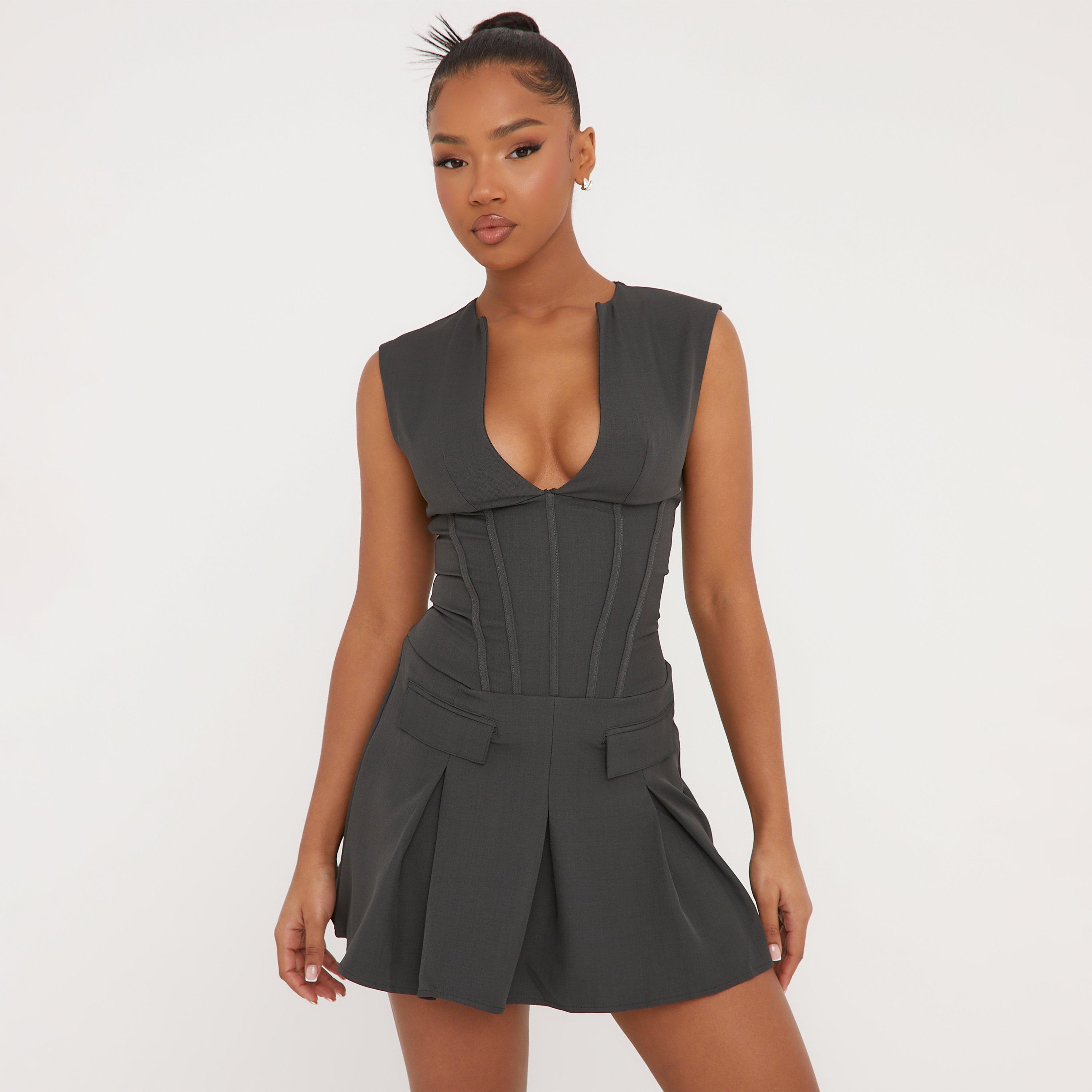 Plunge Neck Tailored Pleated Mini Dress In Grey, Women’s