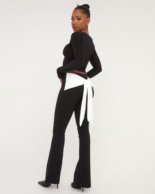 Fold Over Waistband Detail Flared Trousers In Dark Grey