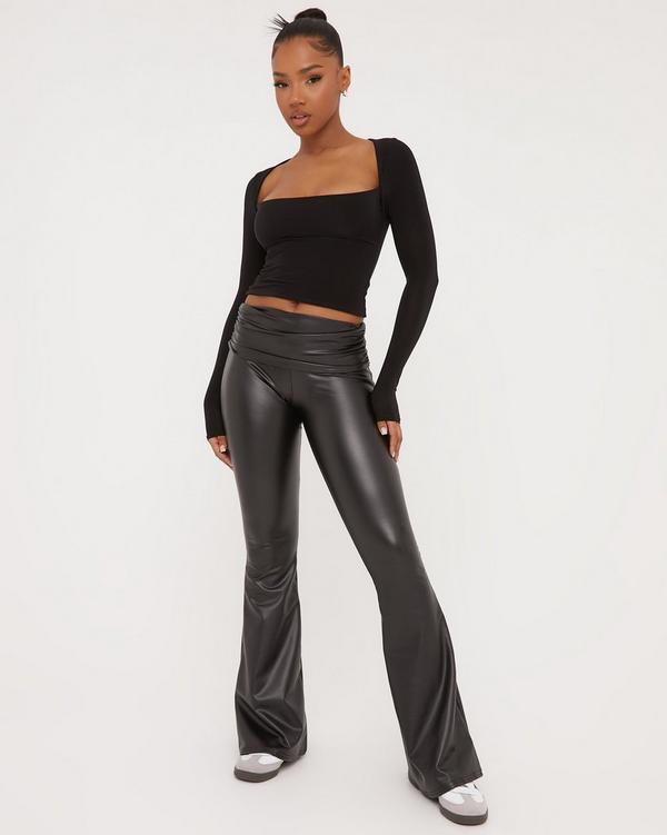 Black Jersey Ruched Fold Over Waist Flared Pants