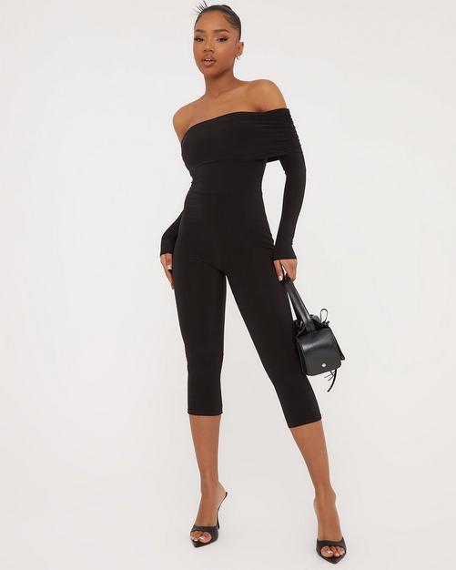 Kora Black Ribbed Seamless Strappy Jumpsuit, Women's Jumpsuits