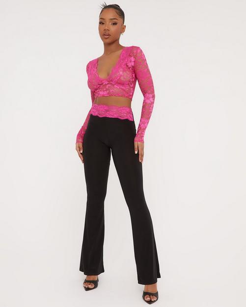 Fold Over Waistband Detail Flared Trousers In Black