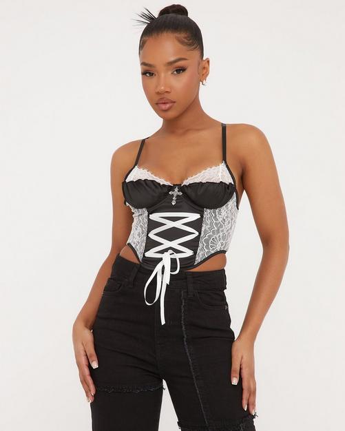 Square Neck Lace Up Front Detail Structured Corset Top In Light