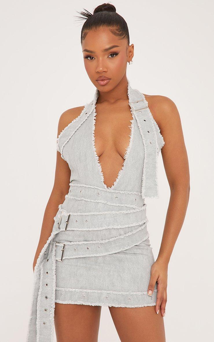 slim fit dress slacks ON THE EDGE DISTRESSED DENIM MAXI DRESS – AKIRA main image 1