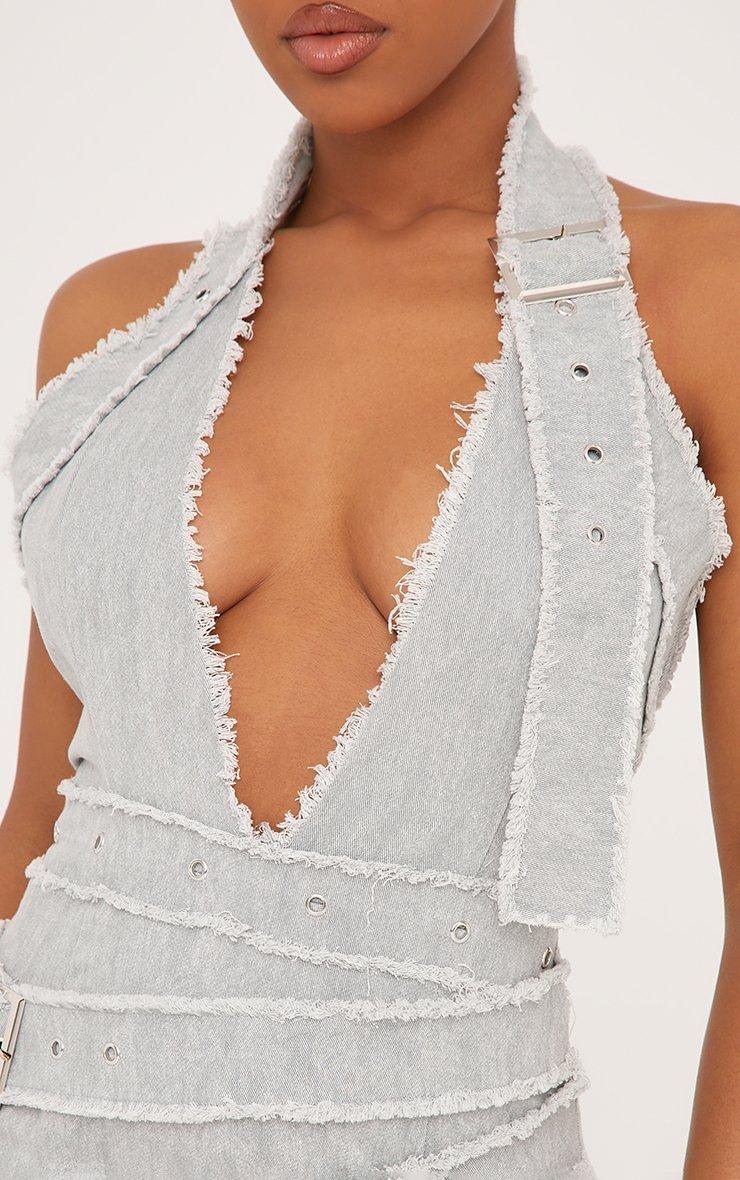 Plunge Halterneck Distressed Multi Eyelet Belt Detail Mini Dress In Sage  Green Denim | EGO US | EGO