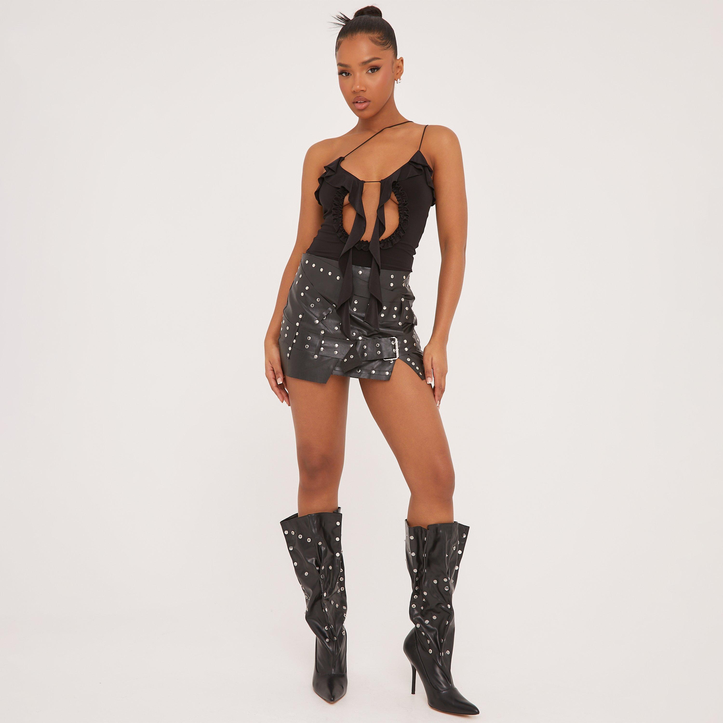 Low Rise Studded Belt Detail Mini Skirt In Black Faux Leather