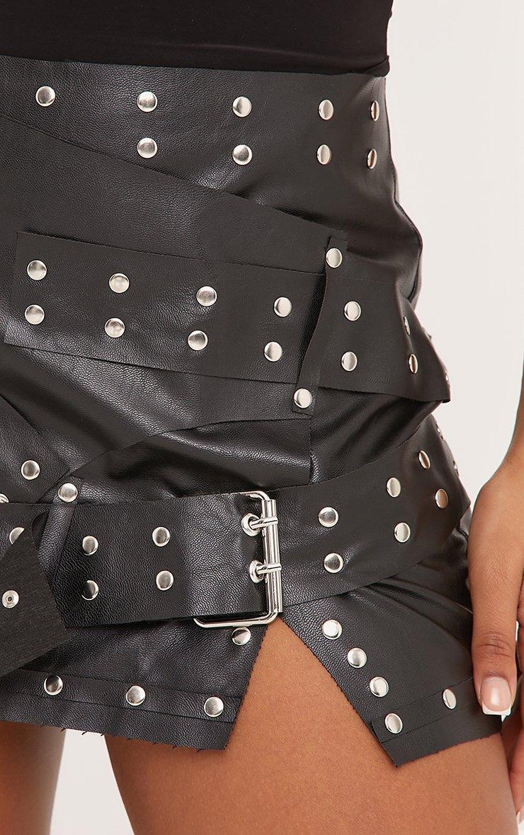 Low Rise Studded Belt Detail Mini Skirt In Black Faux Leather