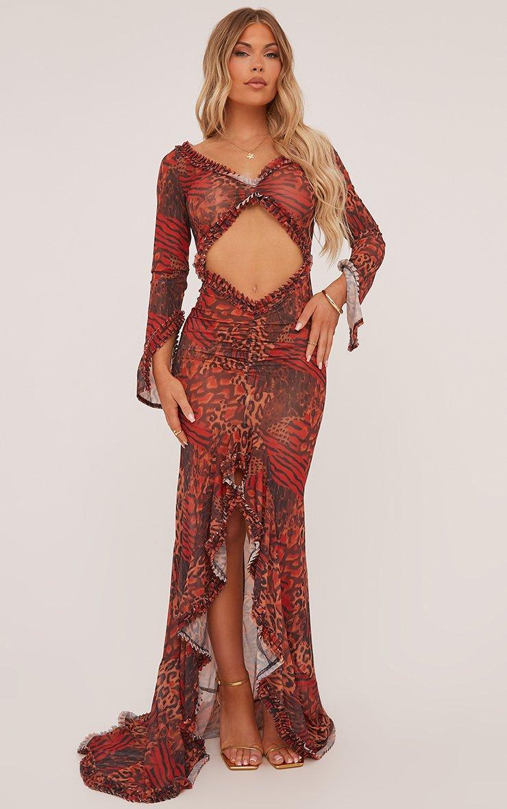 Plunge Long Sleeve Frill Detail Cut Out Front Maxi Dress In Orange Animal  Print Mesh | EGO US | EGO