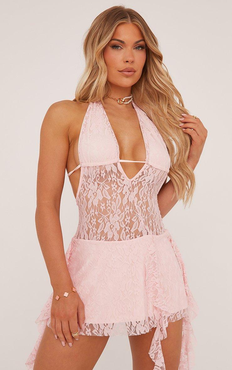 Plunge Frill Detail Mini Dress In Light Pink Lace | EGO UK | EGO