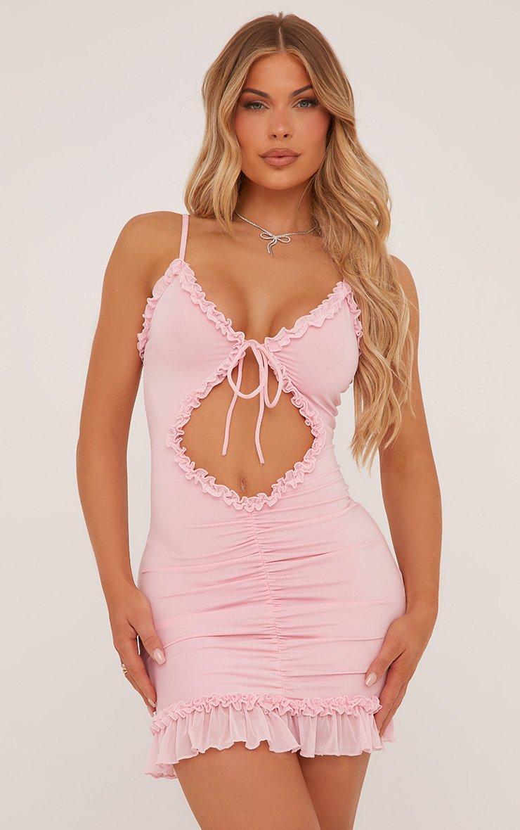 Strappy Frill Detail Keyhole Front Mini Bodycon Dress In