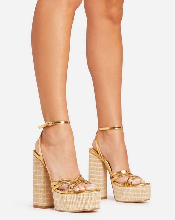 Tookie Cross Strap Detail Woven Platform Block Heel In Gold Patent EGO