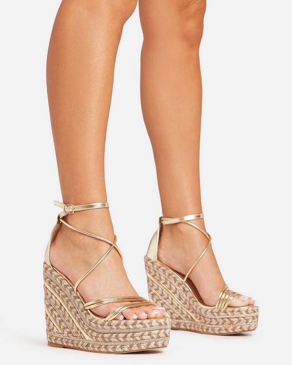 Mila Strappy Diamante Detail Platform Woven Wedge Heel In Gold Faux Leather