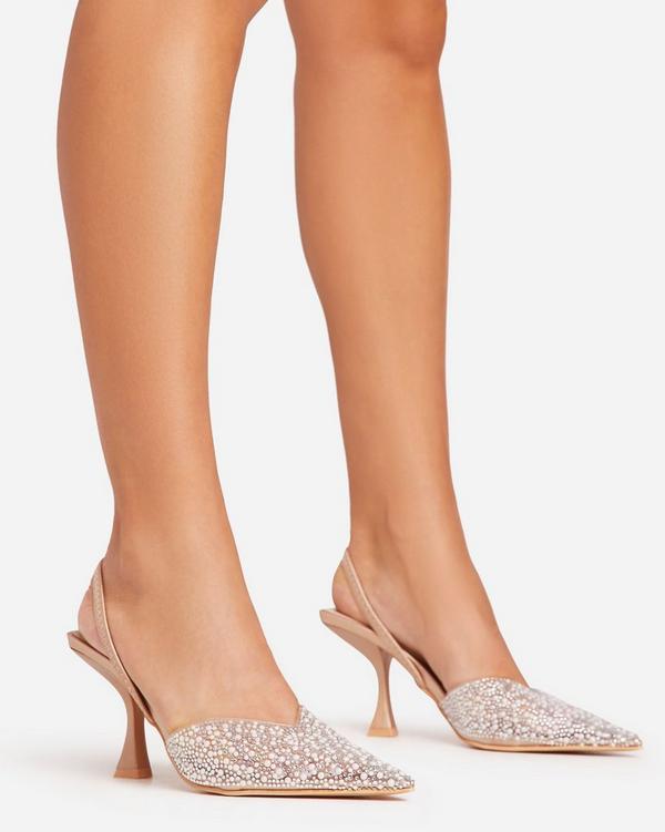 Temptation Diamante Detail Clear Perspex Pointed Toe Slingback Court Heel In Gold