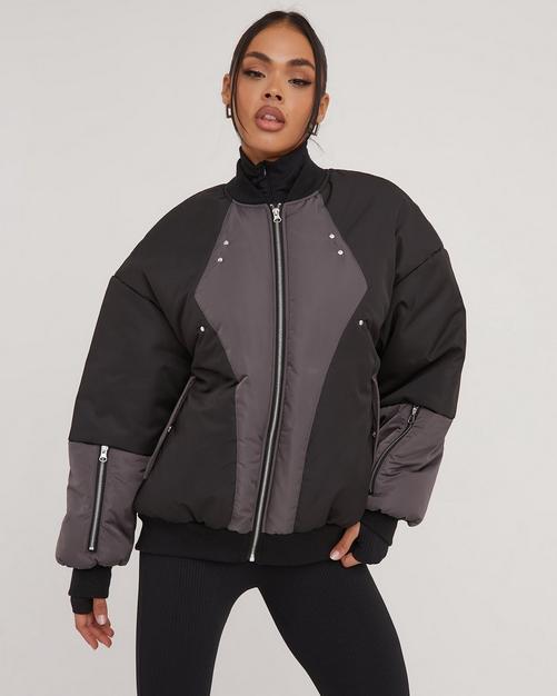 Multi Pocket Detail Cropped Bomber Jacket In Black | EGO