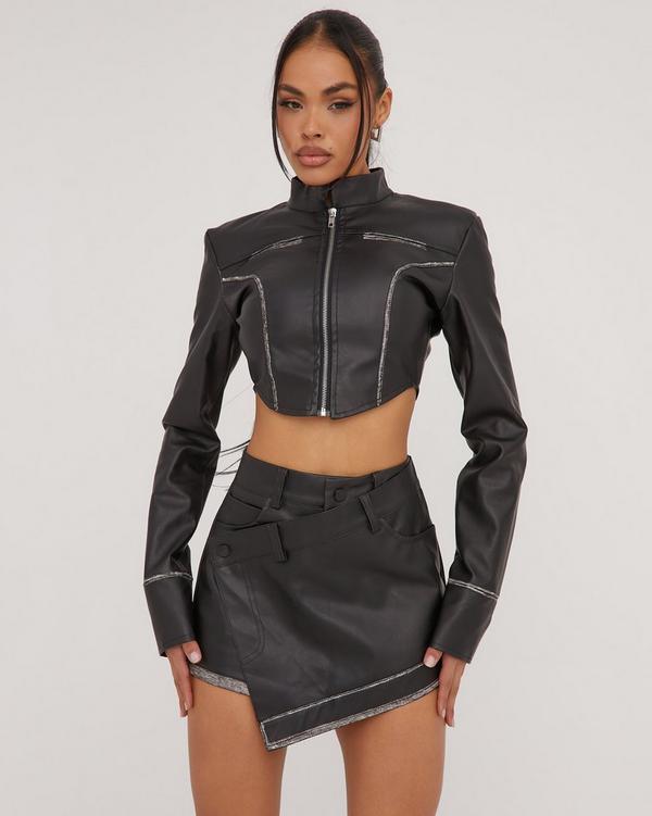 High Neck Multi Strap Detail Crop Top In Black Faux Leather