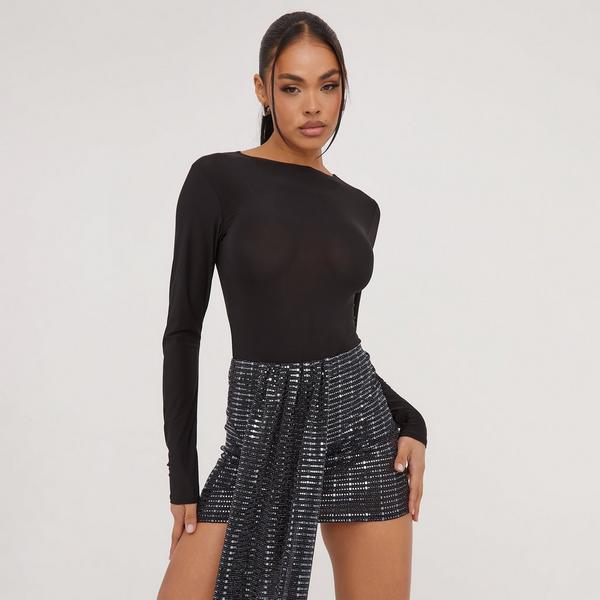 Long Sleeve Square Neck Cut Out Front Detail Mesh Contrast