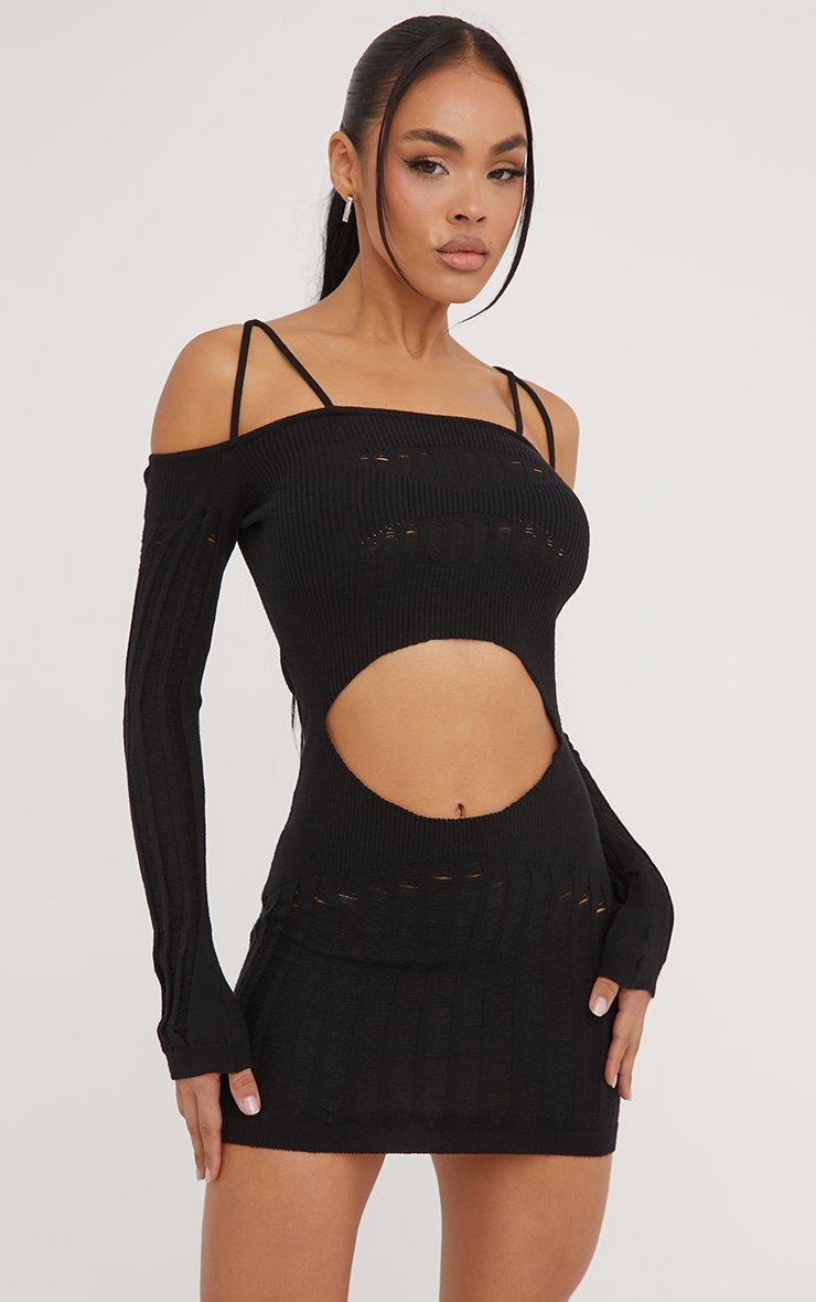 Strappy Bardot Distressed Detail Cut Out Front Mini Bodycon Dress In Black  Knit | EGO EU | EGO