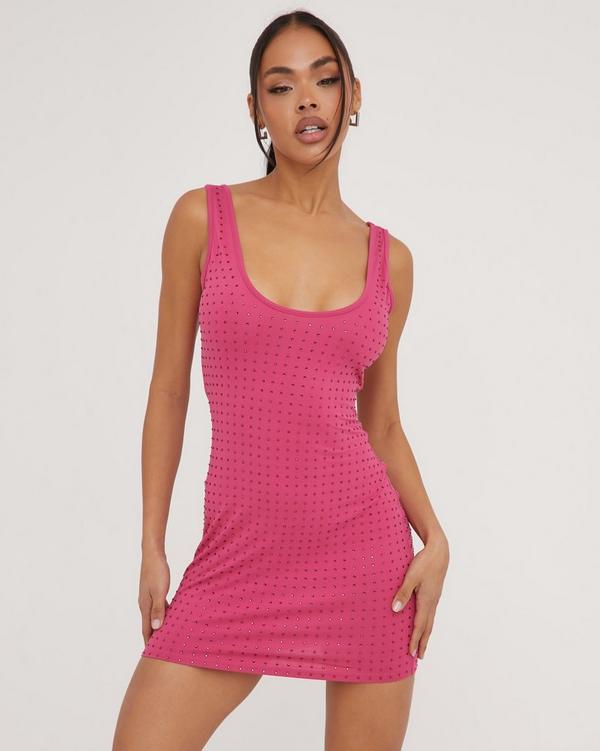 Scoop Neck Diamante Detail Mini Bodycon Dress In Pink Slinky