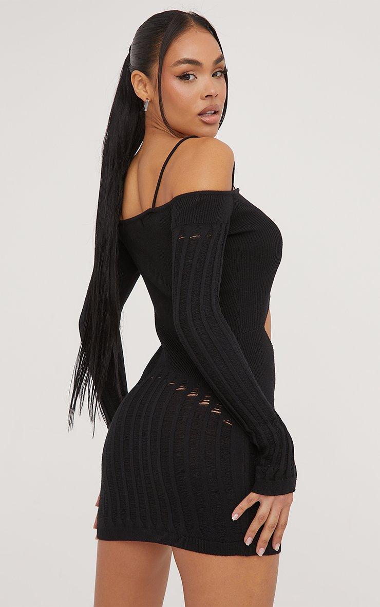 Strappy Bardot Distressed Detail Cut Out Front Mini Bodycon Dress In Black  Knit | EGO EU | EGO