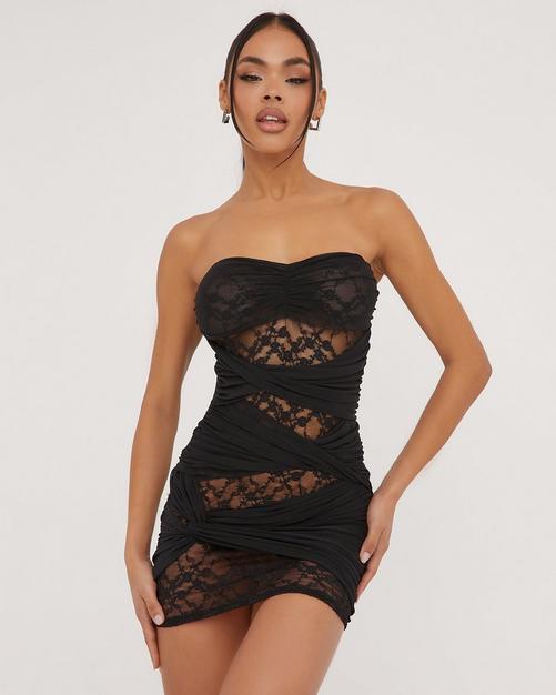 Bandeau Bodysuit Detail Maxi Dress In Black Sheer Lace