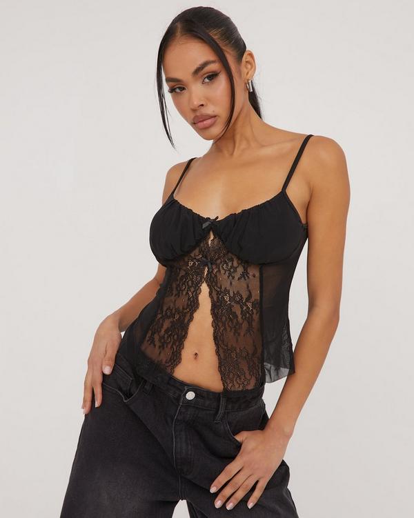 Lace Tie Front Split Top in Black