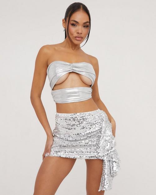 Foiled Square Neck Corset Crop Top - Silver