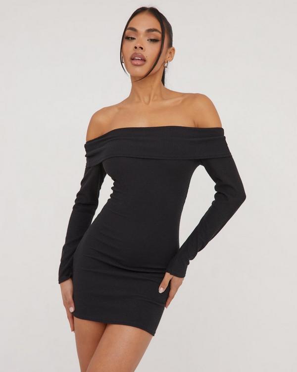 Long Sleeve Backless Thong Detail Mini Bodycon Dress In Black