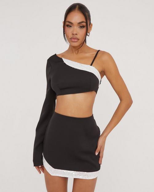 High Neck Multi Strap Detail Crop Top In Black Faux Leather