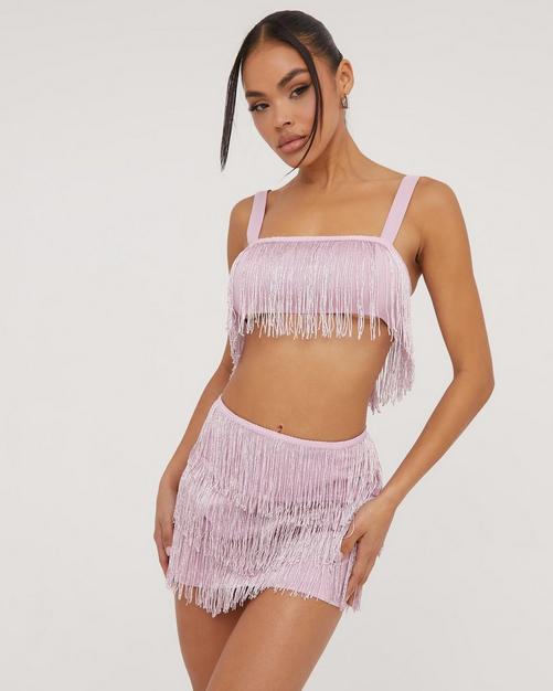 Bandeau Cut Out Detail Crop Top In Pink Slinky