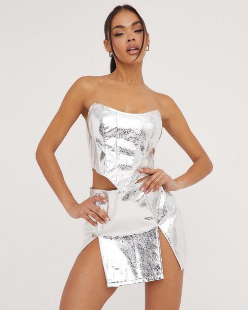 V Plunge Neckline Structured Detail Dipped Hem Corset Top In Silver  Metallic