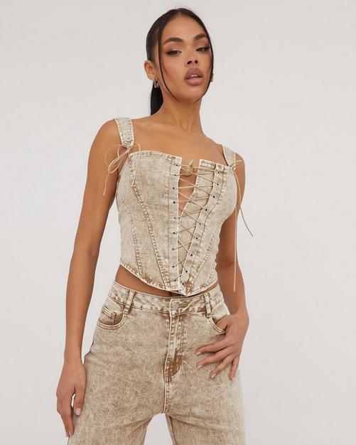 Bandeau Frayed Detail Structured Corset Top In Charcoal Denim