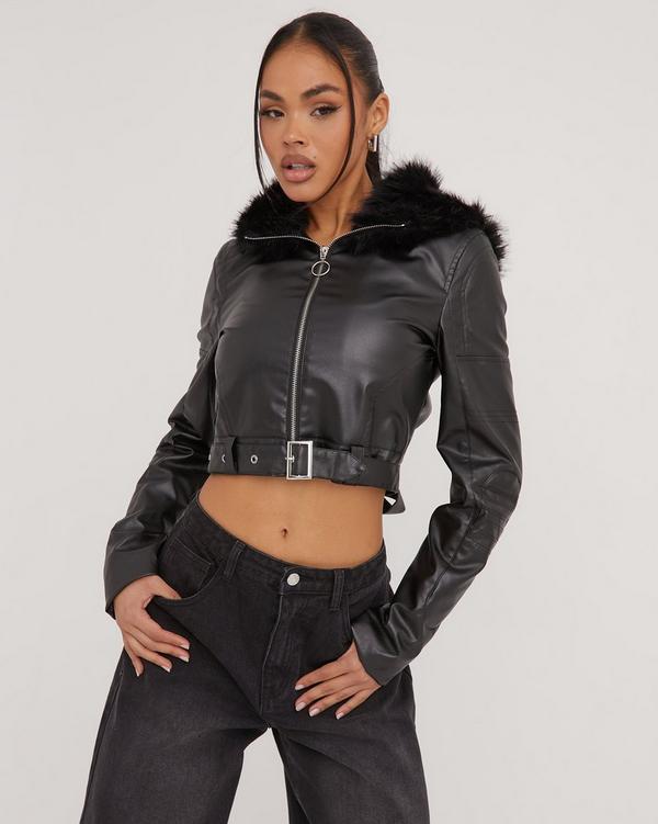 Faux Fur Hood Cropped Biker Jacket In Black Faux Leather