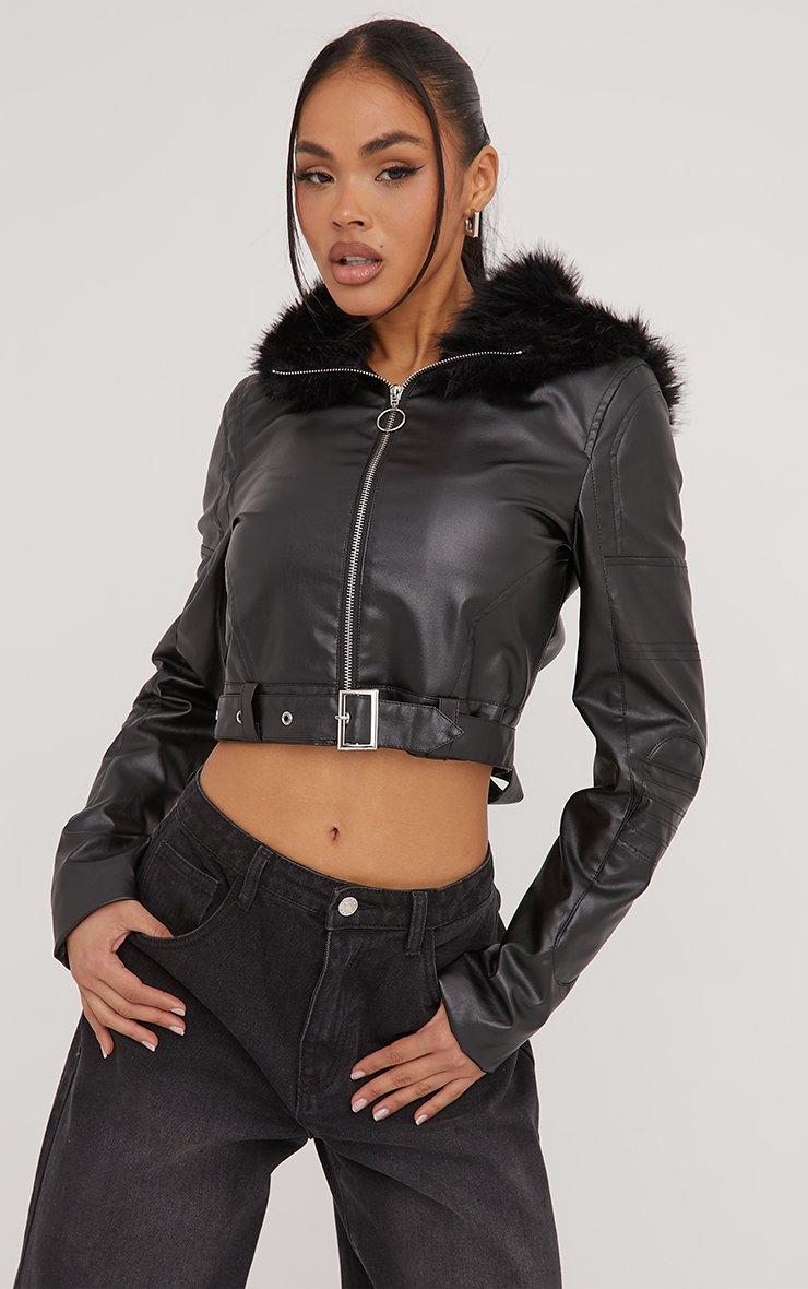 Faux Fur Hood Cropped Biker Jacket In Black Faux Leather | EGO US