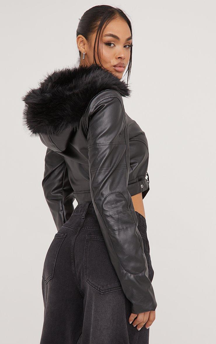 Faux Fur Hood Cropped Biker Jacket In Black Faux Leather | EGO US