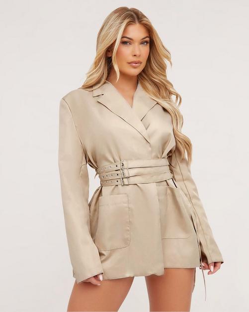 Tall White Long Sleeve Corset Belted Blazer Dress