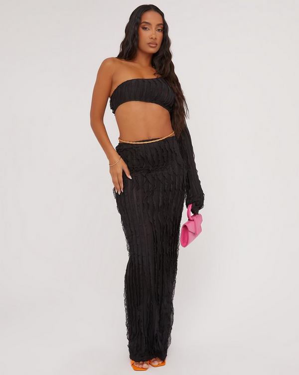 One Sleeve Crop Top And High Waist Maxi Skirt Co Ord Set In Black