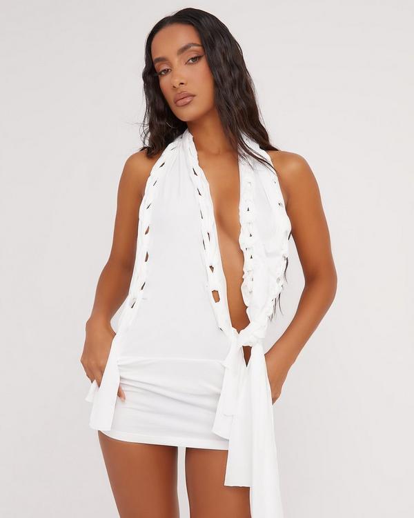 Plunge Neckline Ladder Knot Detail Open Back Mini Dress In Cream