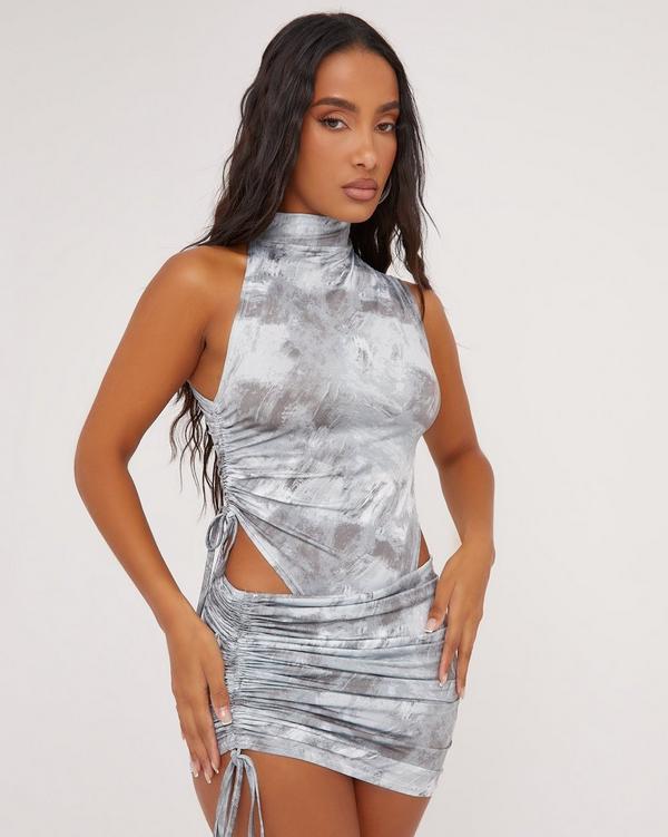 High Neck Ruched Side Detail Bodysuit In Printed Grey Slinky
