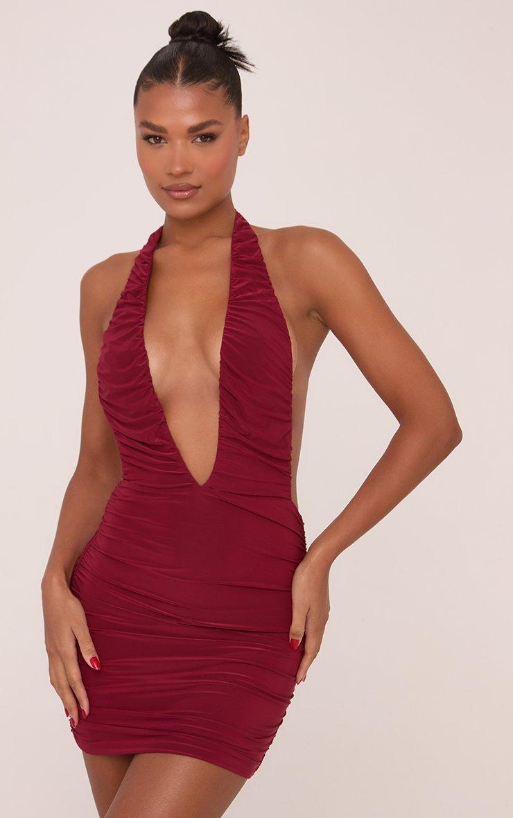 Extreme Plunge Double Layer Ruched Mini Dress In Burgundy Extreme Plunge Double Layer Ruched Mini Dress In Burgundy