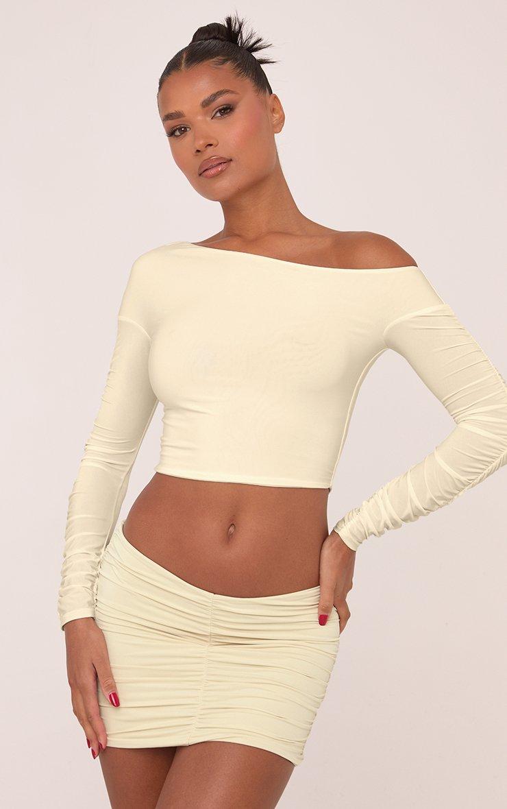 Long Sleeve Slash Neck Double Layer Ruched Crop Top In Cream