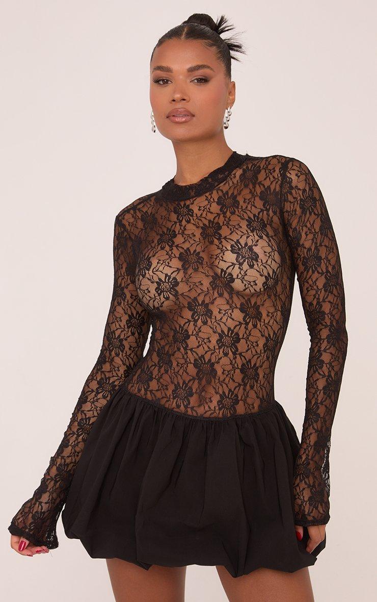 Long Sleeve Puffball Mini Dress In Black Lace | EGO US | EGO