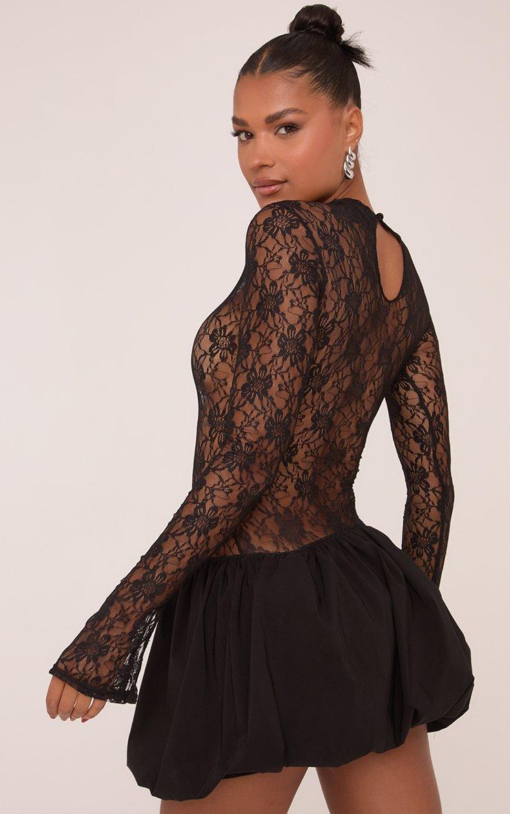 Long Sleeve Puffball Mini Dress In Black Lace | EGO US | EGO