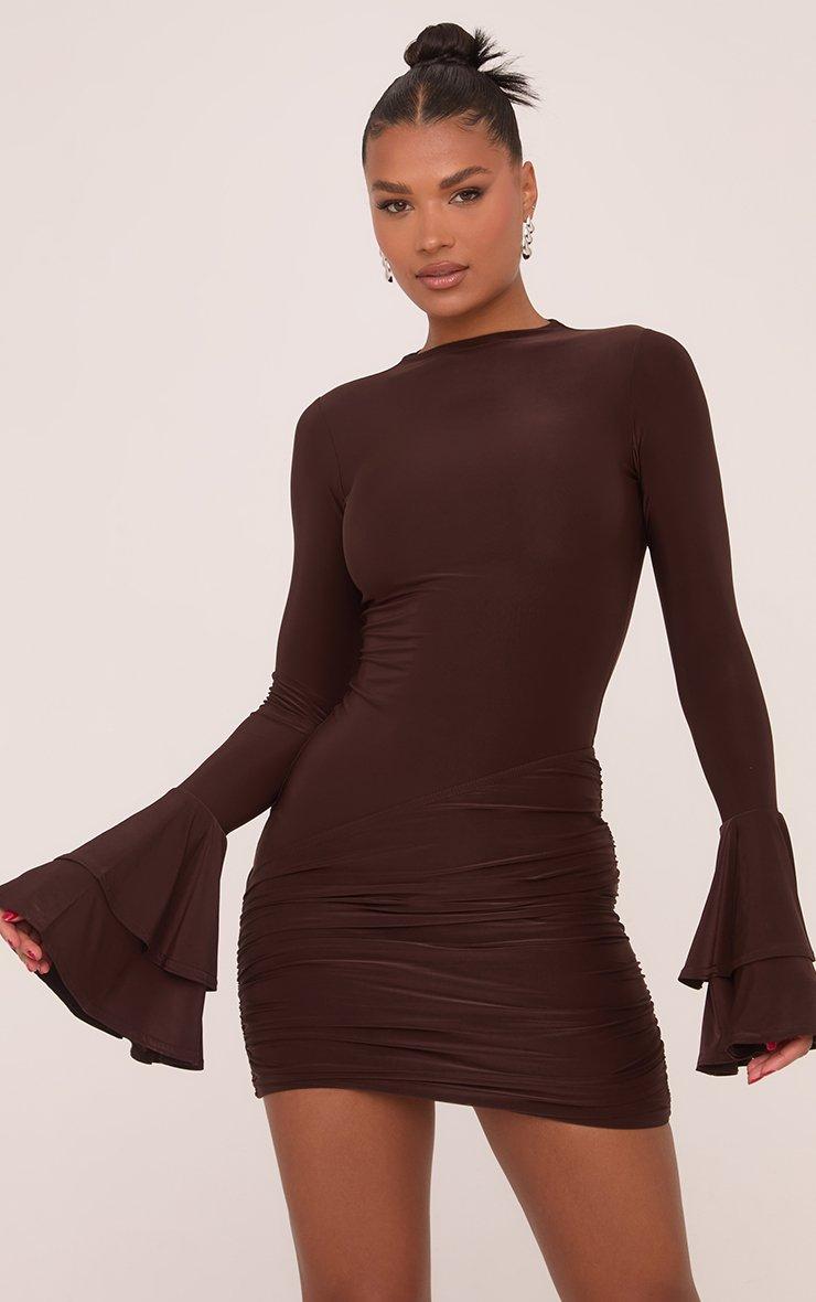 Long Flared Sleeve Wrap Front Mini Bodycon Dress In Long Flared Sleeve Wrap Front Mini Bodycon Dress In