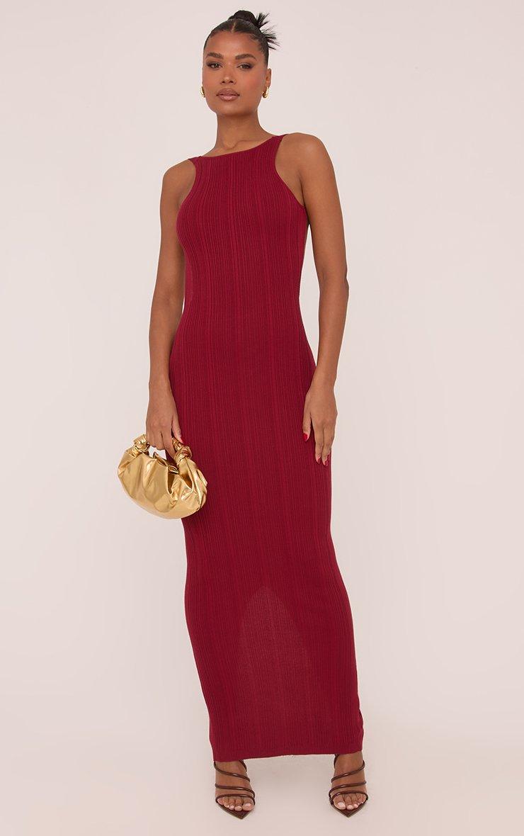 Racer Neck Ruched Bum Detail Open Back Maxi Dress In Burgundy Ribbed Knit |  EGO CA | EGO