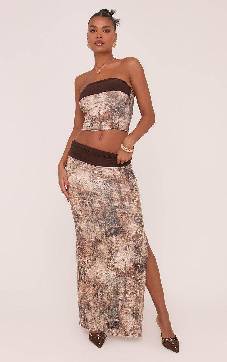 Contrast Fold Over Waistband Maxi Skirt In Brown Snake Print