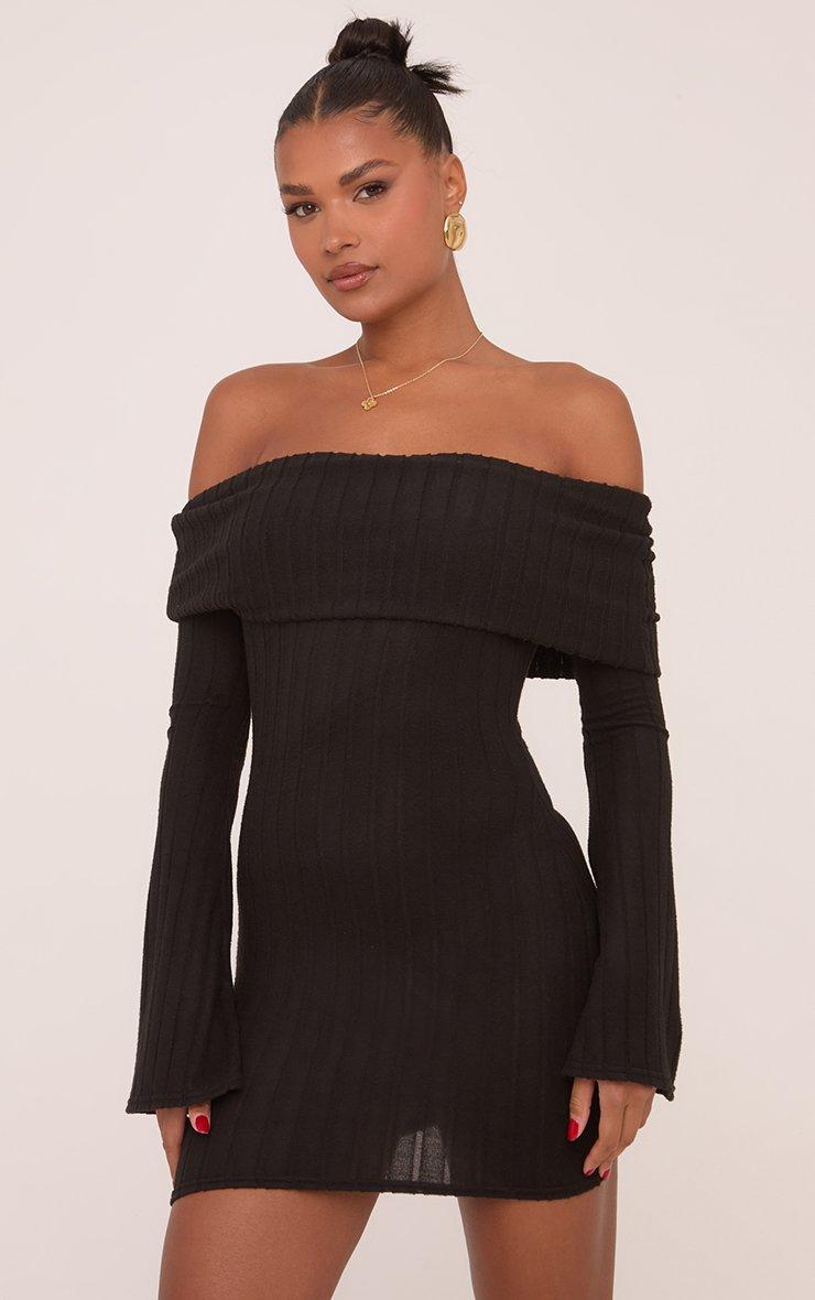Long Flared Sleeve Bardot Mini Dress In Black Rib | EGO UK | EGO