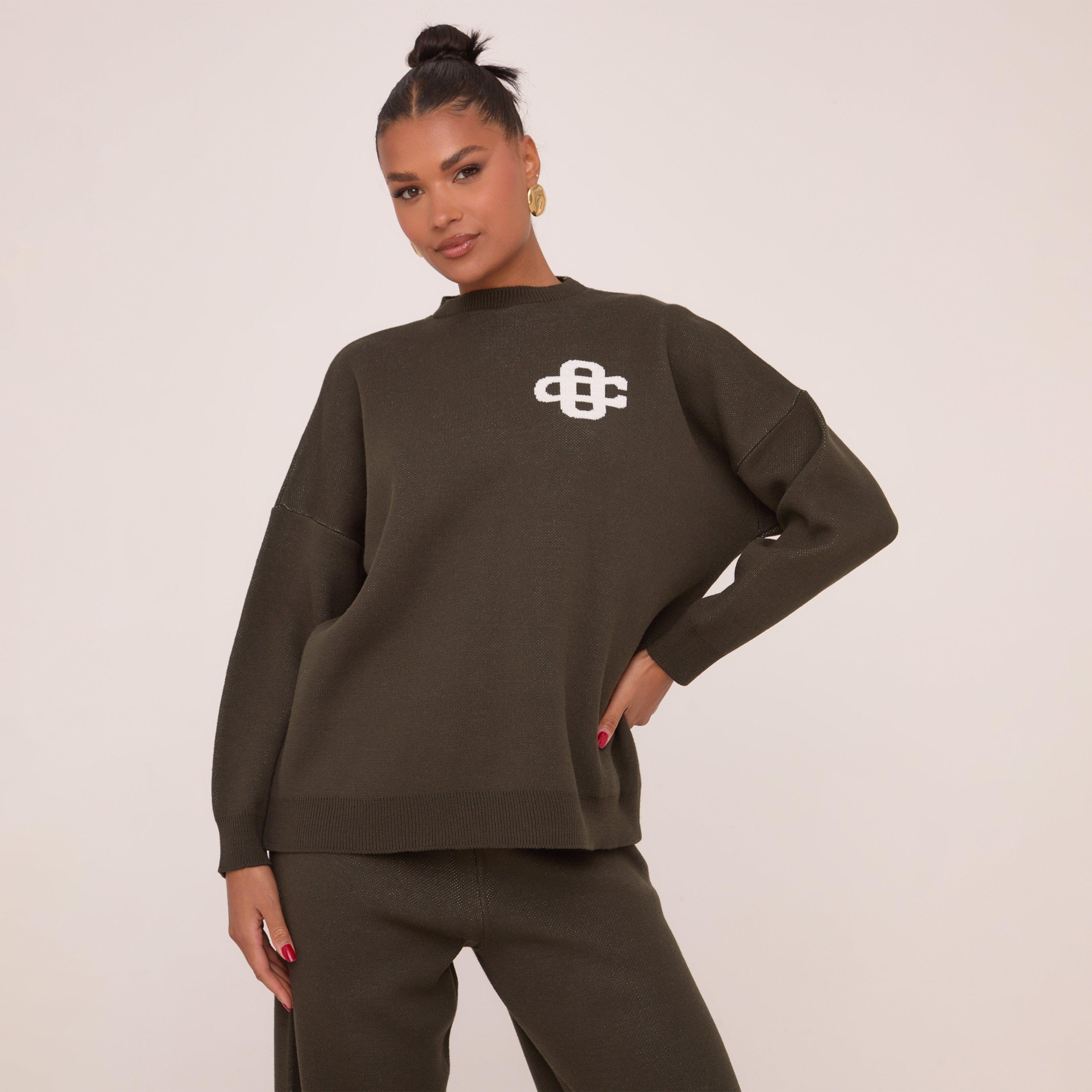 Image of High Neck Oversized Contrast Swirl Detail Sweatshirt In Dark Khaki Green Knit, Women's Size UK L