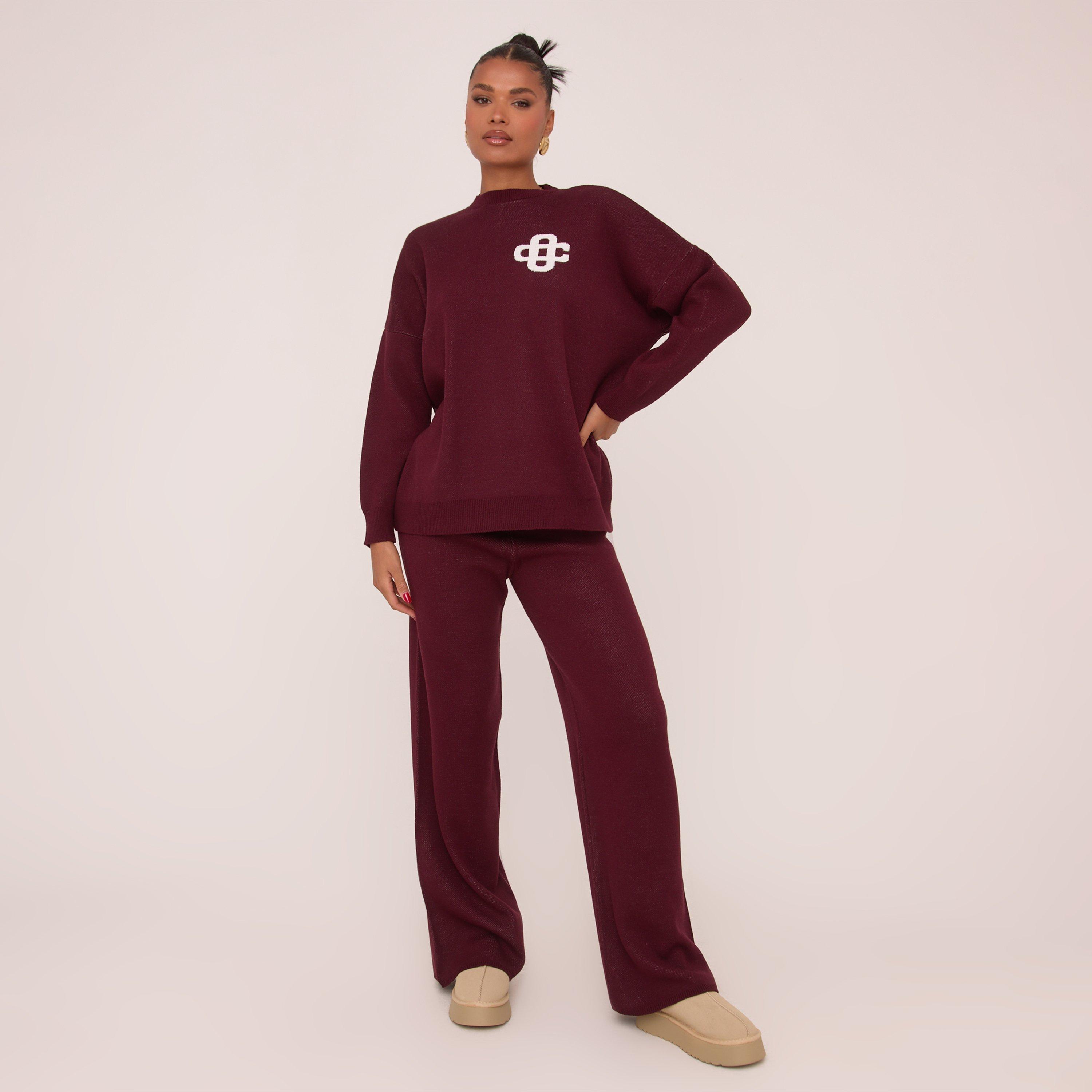 High Waist Wide Leg Joggers In Burgundy Knit, Women’s